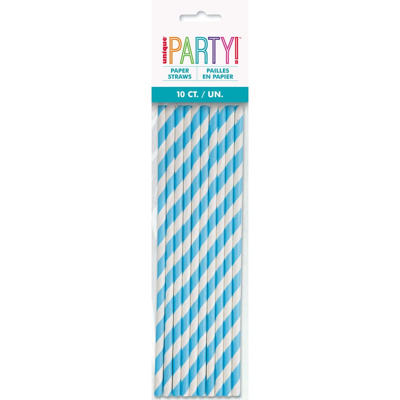 Powder Blue Striped Paper Straws, (10 Count) - Eye-Catching &
