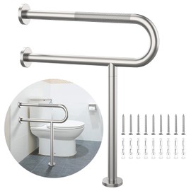 Toilet Support Rail 24 Inch, Munzong Anti-Slip Satin Brushed Nickel Handicap Grab Bar for Bathroom, Stainless Steel Knurled Safety handrails with Leg for Elderly Disabled Pregnant-1.25’Tube
