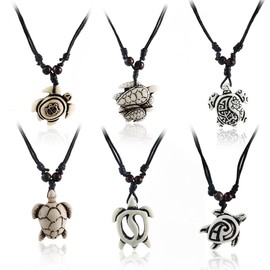 COLORFUL BLING 6pcs Artificial Bone Carving Sea Turtles Pendant Necklaces Set Medallion Symbol Adjustable Cotton Cord Yin Yang Hawaiian Surfer Lucky Amulet Jewelry for Women Men Unix-White A