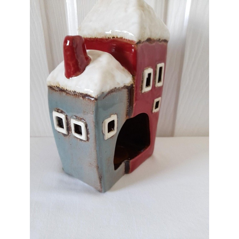 Christmas Two House Tall Cottages Tea Light Holder Red Grey