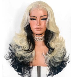 BlackSwern Feather Layered Wig Pre Plucked Cutting Style Blonde with Black Underlayers 13x6 Synthetic Lace Front Wig Glueless Natural Hairline