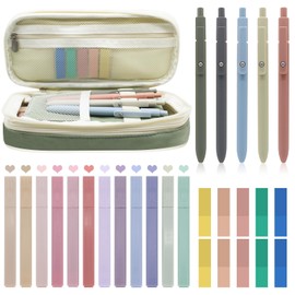 20Pcs Aesthetic Stationary Set with Big Capacity Pen Case Bag 5 Quick Dry Retractable Black Ink Pens12 Colors Chisel Tip Cute Highlighters 200 Sheets Sticky Index Tabs Aesthetic School Supplies