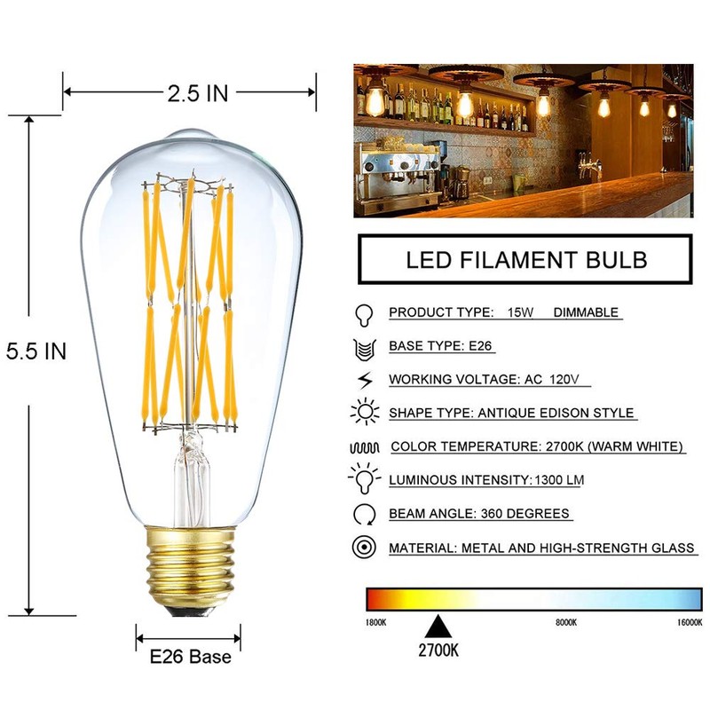 Leools Vintage LED Edison Bulb Dimmable 15W,Equivalent 120W, Antique Style