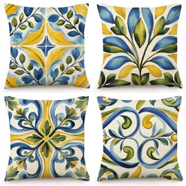 OYIMUA Boho Abstract Floral Cushion Covers 40cm x 40cm Yellow Blue Outdoor Cushions 16x16 Inches Decorative Linen Pillow Covers for Garden Furniture Sofa