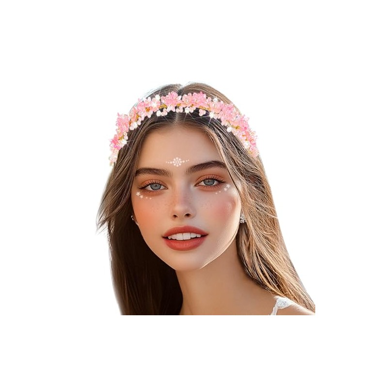 Hermoli Wedding Flower Headband Pink Bride Pearl Hairband Thin Floral