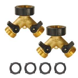 Uptotop Brass Garden Hose Splitter 2 way Heavy Duty, 2 Pack Brass Hose Y Splitter 2 Valves, Y Connector with 4 Extra Rubber Washers