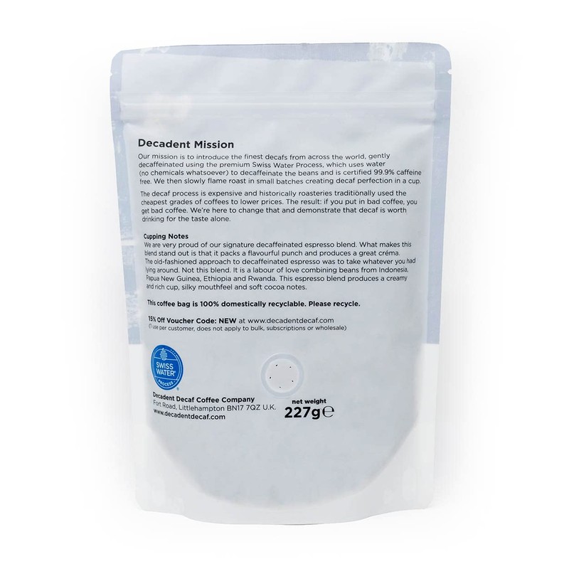 Decaffeinated Strongest Dark Roast Espresso Coffee Beans 227g - Swiss