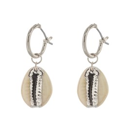 Columbus Rhodium Plated Cowrie Charm Huggie Hoop Earrings - Shell Earrings - Cowry Shell Dangle Earrings - Charm Huggies for Women (Silver Cowry Shell)