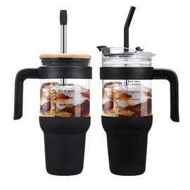 chunmo 40 oz Glass Tumbler with 2 Lids-Bamboo Straw Lid & 2-in-1 Sip and Flip Straw Lid,Iced Coffee Cup with Handle, Glass Water Bottles with Silicone Sleeve,Glass Cup with Straws, BPA Free-1 Pack