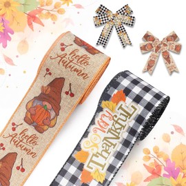 Hying 2 Rolls Fall Gnomes Ribbons for Wreath Bows, Thanksgiving Wired Edge Ribbons Natural Burlap Ribbon Autumn Pumpkin Leaves Craft Ribbons for Gift Wrapping Fall Thanksgiving Decorations Supplies