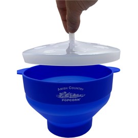 Amish Country Popcorn | Collapsible Silicone Microwave Popper with Customized ACP Logo | BPA and PVC Free Popcorn Bowl with Handles | Dishwasher Safe | Includes 2-2 oz Bags of Kernels (Blue)