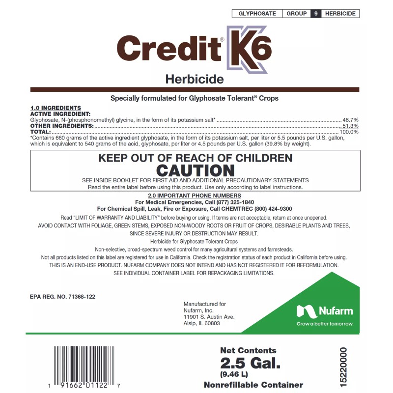 NuFarm Credit K6 Herbicide (2.5 Gallons) - Concentrated Glyphosate 48.7%