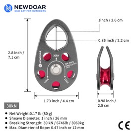 NewDoar Micro Mobile Pulley Pulley 30KN/6746lb Mobile Single Cheek Pulley for Max 12mm Rope for Climbing, Rescue Lifting, Hitchhiking-Grey/2 Pack