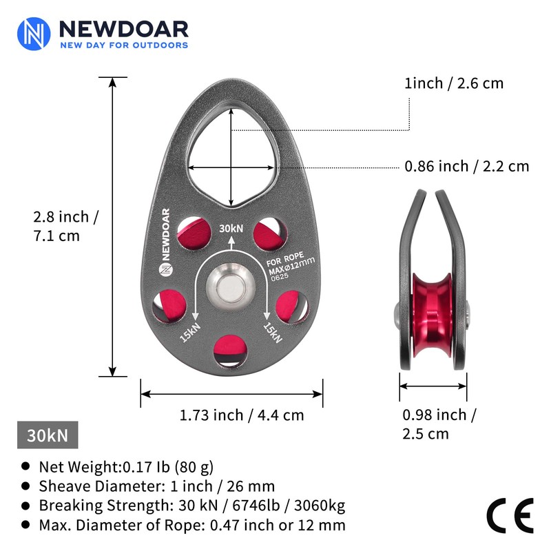 NewDoar Micro Mobile Pulley Pulley 30KN/6746lb Mobile Single Cheek Pulley