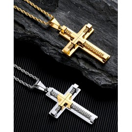 Edulex Stainless Steel Cross Necklace Men Women - 18K White Gold Plated Silver Crucifix Pendant - Gold Rope Christian Religious Faith 3mm Rolo Chain Jewelry Present