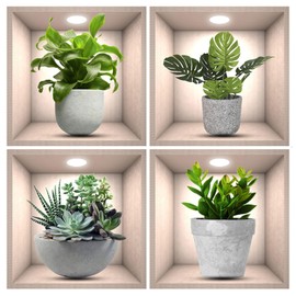 4pcs 3D Potted Plant Wall Stickers, Realistic Green Plant Wall Decals Peel and Stick Decorative Plant Wall Stickers Decor for Beautify & Brighten Corridor Hall Bedroom School Office