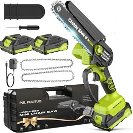 PULITUO 20V Mini Chainsaw Cordless, 6 Inch Battery Powered Electric Chainsaw with 2 Batteries, Lightweight Handheld Saw for Tree Trimming, Wood Cutting, Pruning - Color: Green (2 Batteries)