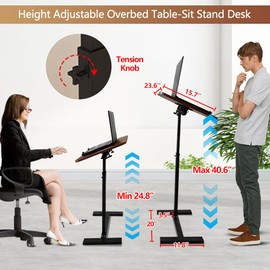 BeGyoku Overbed Table,Hospital Bed Table,Tilting Over The Bed Table with Hidden Wheels,Adjustable Bedside Table and Rolling Bed Table Tray,Hospital Table Over Bed for Home Use-Tilt Walnut