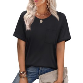 XIEERDUO Summer Tops for Women Short Sleeve Shirts Loose Fit Basic Tees Black Tops M