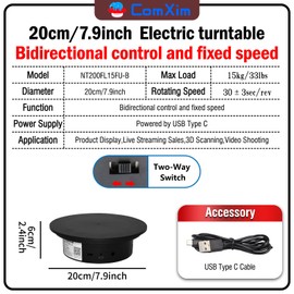 Motorized Rotating Display Stand 7.9in/33lbs, Cup Display Turner, 360 Degree Photography Turntable for Tumbler, Spinning Platform for Jewelry Display, Lazy Susan by USB Type-C (20cm Black)