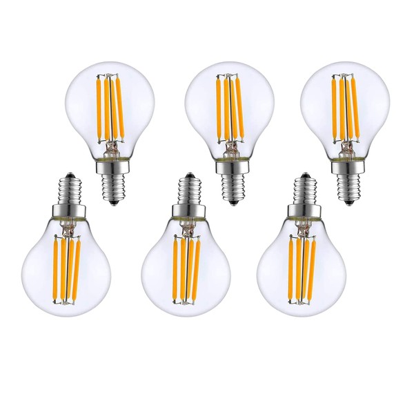 KY LEE Filament LED Bulbs, E14 Base, 60W Equivalent, Clear Bulb, 6W Chandelier Bulb, 2700K, Retro Edison Small Bulbs, Light Bulbs, G45 Bulbs, Pack of 6