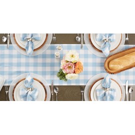 DII Buffalo Check Collection, Classic Farmhouse Table Runner, 14x108, Light Blue & White