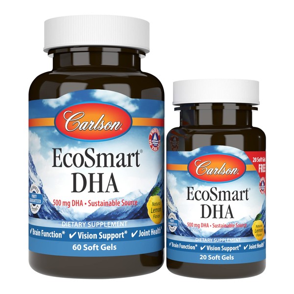 Carlson - EcoSmart DHA, 500 mg DHA, Sustainable Source, Healthy Vision & Brain Function, Lemon, 60+20 Softgels