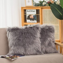 HYSEAS Set of 2 Decorative Faux Fur Throw Pillow Covers, Grey Fluffy Soft Fuzzy Square Cushion Cover Pillow Case for Sofa, Couch, Chair, Bed, Cafe, 20 x 20 Inches