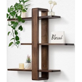 SUMGAR Floating Shelves for Wall Walnut Mounted Shelf Unit for Living Room Bedroom Bathroom Mid Century Modern Decorative Storage Plant Photo Display Home Decor 3 Tier Large 20in All Pine