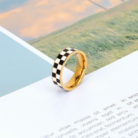 Fuqimanman2020 6mm Checkerboard Bands Finger Rings Titanium Steel Gold Plated Black White Statement Rings for Women-7