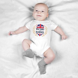 Victory in Europe Babygrow Union Jack Shield Design Boys Girls VE Day Baby Vest 80th Anniversary, 0-3 Months, White