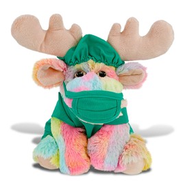 DolliBu Rainbow Floppy Moose Doctor Plush Toy - Super Soft Moose Doctor Stuffed Animal Dress Up with Cute Scrub Uniform and Cap Outfit - Fluffy Toy Plush Gift - 9 Inches