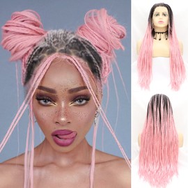 AFBeauty Pink Lace Front Wig Long Hand Braided Braided Wigs with Baby Hair Natural Hairline Box Braided Wigs for Women Lightweight Synthetic Wig Heat Safe Drag Queen Makeup 26 Inch