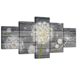 iHAPPYWALL 5 Panle Large Canavs Wall Art Dandelion White Flower on Vintage Grey Wood Board Background Rustic Style Neutral Grey Floral Wall Decor Home Walls Stretched Framed Ready to Hang