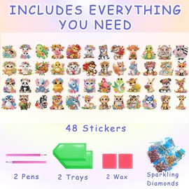 xackcme 48 Pcs Diamond Art Painting Sticker Kits for Kids, Animal Diamond Gem Stickers Kit, 5D Animals Gem Art Stickers Mosaic for Kids Gift for Boys Girls 4-8-10-12 Years Old