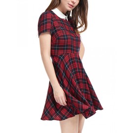 Allegra K Women Plaids Contrast Peter Pan Collar Puff Sleeves Above Knee Dress Large Red