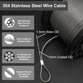 TooTaci M5 Turnbuckles for Cables Wire, 200ft 1/16 Stainless Steel Wire Rope with Tensioner Kit, 1/16 Vinyl Coated Steel Cable for Outdoor Lights Hanging, Climbing Plants, Trellis and Fences