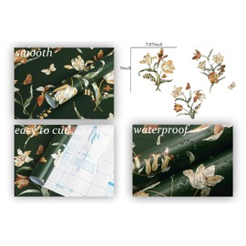 Dimoon 236"x16.1" Floral Wallpaper Peel and Stick Dark Green Contact Paper Golden Thicken Waterproof Leaf Flower Vintage Self Adhesive Removable Wallpaper for Bedroom Shelf Liner Decal Vinyl Roll