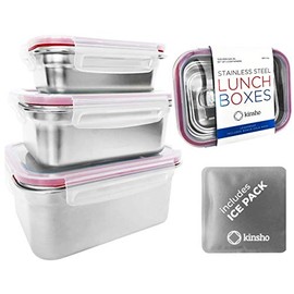 Stainless Steel Lunch Box Food Prep Storage Containers with Lids & Ice Pack, Metal Container Stackable Boxes for Kids Adults Sandwich Salad Keto Snack or Meal, Leakproof Bento Set of 3 Small - Large
