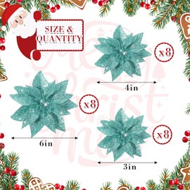 24 Pcs Glitter Artificial Poinsettia Flowers 3/4/ 6 Inches Christmas Wreath Tree Flowers Ornaments Xmas Decorations Flowers with Clips for Christmas Tree Indoor Outdoor Decoration (Blue Green)