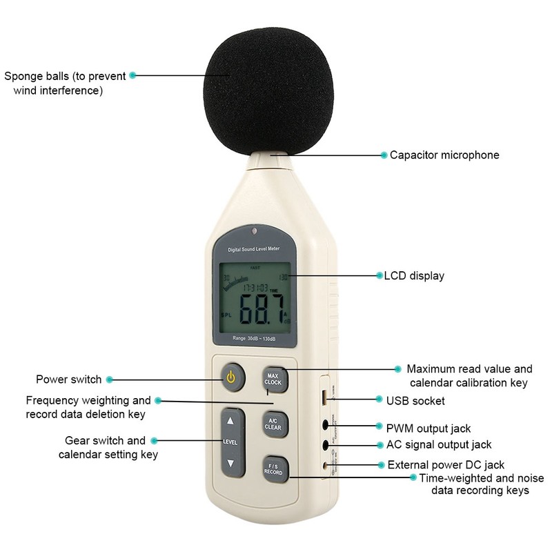 Handheld LCD Digital Sound Level Decibel Meter 30-130dBA Pressure Tester