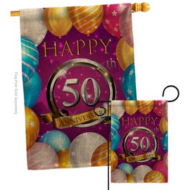 Breeze Decor Anniversary Happy 50th Burlap Garden House Flags Set Celebration Couple Married Wedding Occasion Party Valentines Small Decorative Gift Yard Banner Double-Sided Made in USA 28 X 40