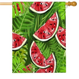 Mugod Sweet Watermelon House Flag 28 x 40 Vertical Double Sided, Black Seed Red Pulp Green Skin Summer Themed Farmhouse Holiday Outside Decorations Large Burlap Yard Flag