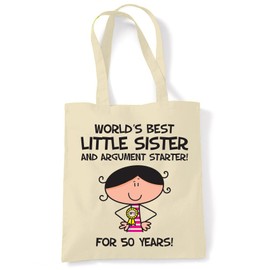 Tribal T-Shirts World Best Little Sister 50th Birthday Gift Bag - Tote Bag with long handles for Carrying over the Shoulder - Ideal 50th Birthday Gifts for Sister -100% Cotton