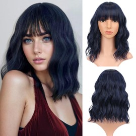 VCKOVCKO Short Bob Wigs Black mix Royal Blue Wavy Wig With Air Bangs Women's Shoulder Length Wigs Curly Wavy Synthetic Cosplay Wig Pastel Bob Wig for Girl Colorful Wigs(12",Black mix Royal Blue)