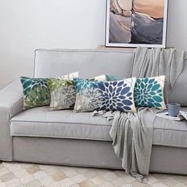 Set of 2 Linen Decorative Cushion Covers, 30 x 50 cm, Decorative Cushion Covers, Abstract Geometric Flower Pattern, Cushion Cover, Printed on Both Sides, Suitable for Living Room, Garden, Cushion