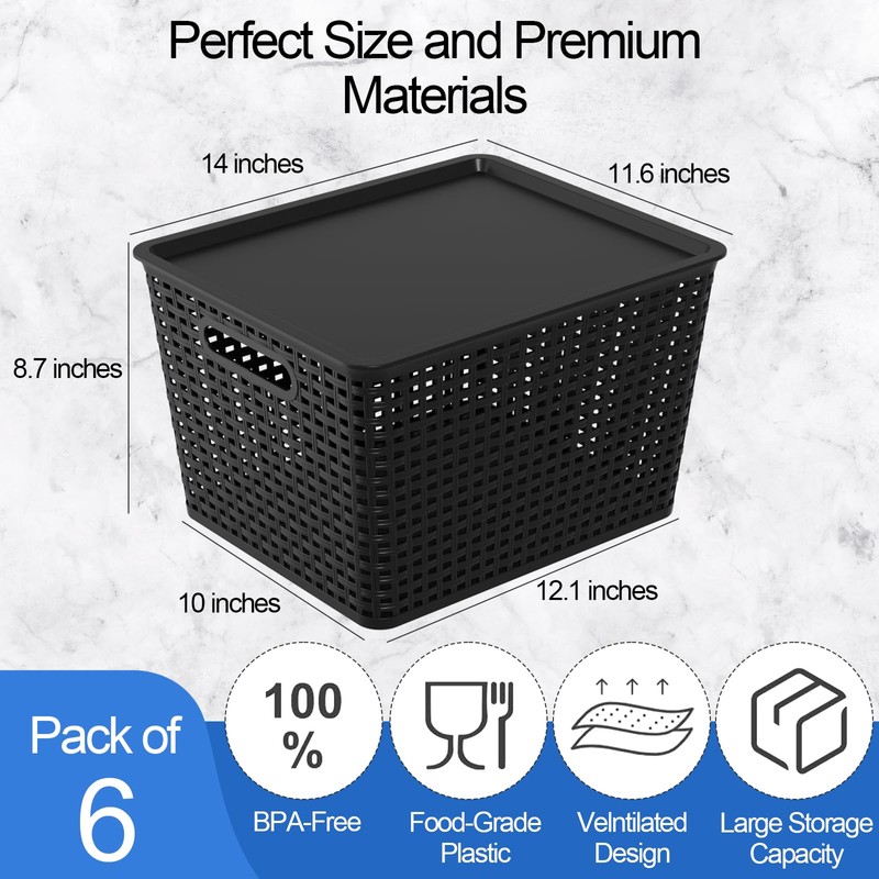 Innouse Plastic Organizing Baskets with Lids, Black Woven Storage Baskets,