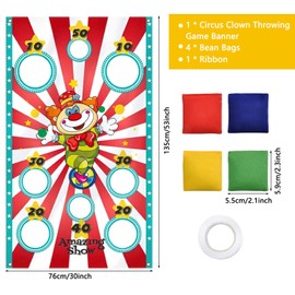 APOMOONS Circus Clown Throwing Game Banner Circus Banner Carnival Decoration Throwing Game Toy with 4 Pieces Bean Bags Throwing Games Indoor Outdoor for Children Circus Carnival Birthday Party