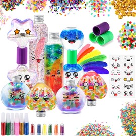 Rotatingpals 10 Pcs Calm Down Sensory Bottles Corner Sensory Toys Clear Containers Include Glitters, Stickers, Glitter Glue, Feathers, Bells, Fur Balls for DIY Art Activity Fun Crafts Party Supplies