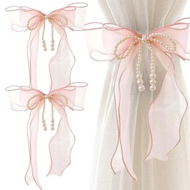 2 Pcs Pink Bedroom Accessories, Curtain Tiebacks, Tie Backs For Voiles, With Pearls Sweet Bowknot Holdbacks For Stylish Home Bedroom Offices Dining Rooms Wedding Party Decoration - 31.5 In(80 Cm)